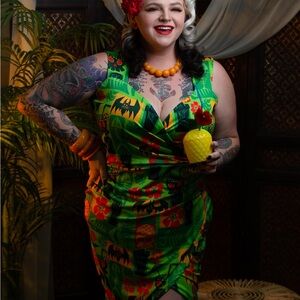 Sourpuss Green and Red Floral Midi Dress